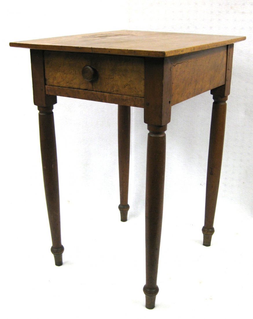 Sheraton 1 drawer stand with solid birdeye maple drawer: Sheraton 1 drawer stand with solid birdeye maple drawer front, solid birdseye apron, tiger maple top, and cherry frame. Slight hairlines in top, some stains on top, overall good solid condition.