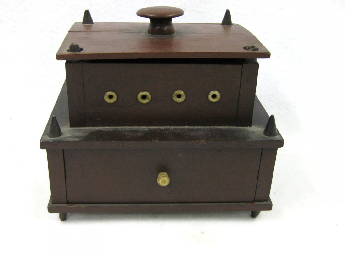Shaker sewing box with lift top thread compartment and: Shaker sewing box with lift top thread compartment and lower drawer - late 19th century. Small repair to lid rim, hairline in lid, 2 chips on points of lid holder, otherwise good condition. Provenance