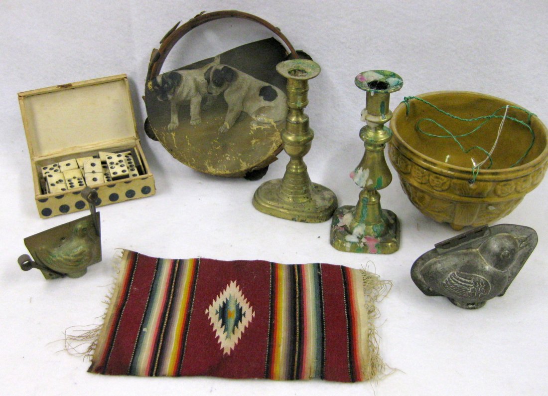 Grouping of country items including a boxed set of: Grouping of country items including a boxed set of ebony & bone dominoes, an art pottery hanging planter decorated with mustard colored flowers, 2 early brass candlesticks (missing pushups), 2 chocola