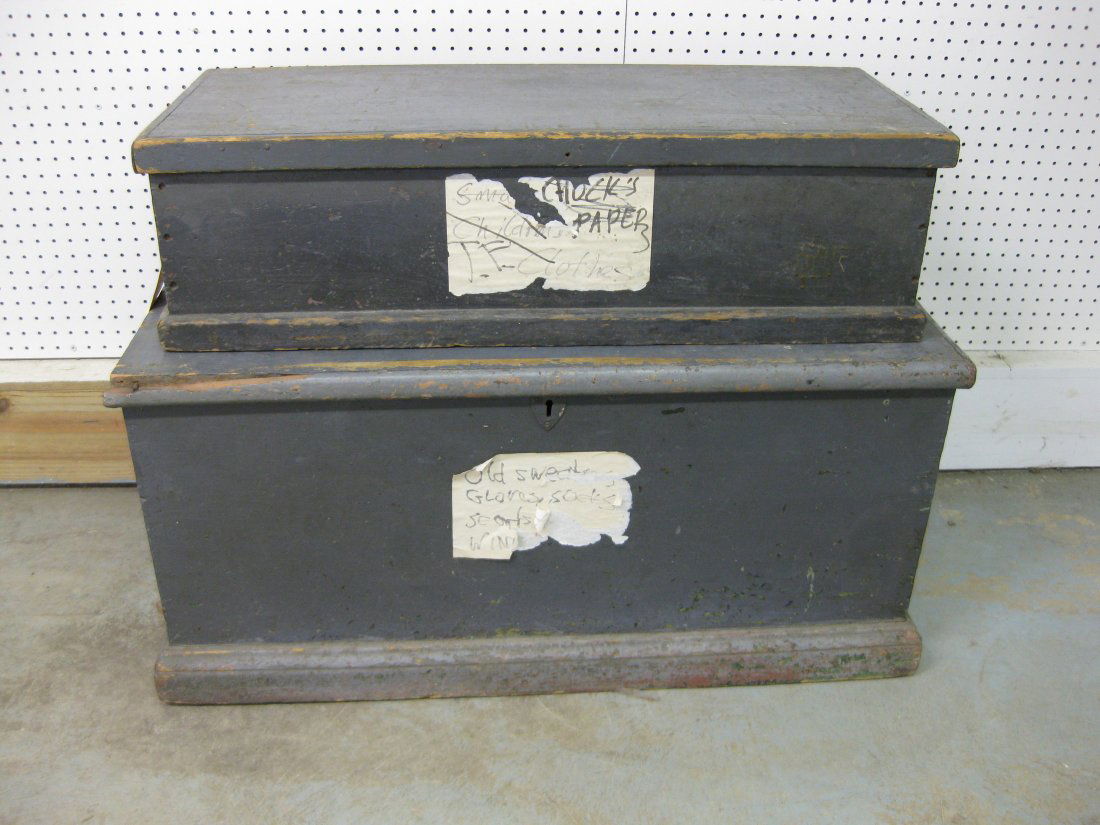 Two primitive wooden storage boxes including tool box: Two primitive wooden storage boxes including tool box in old blue/gray paint - good condition and a blanket box with layers of old paint - replaced hinges, molding losses, original handle hardware. Bo