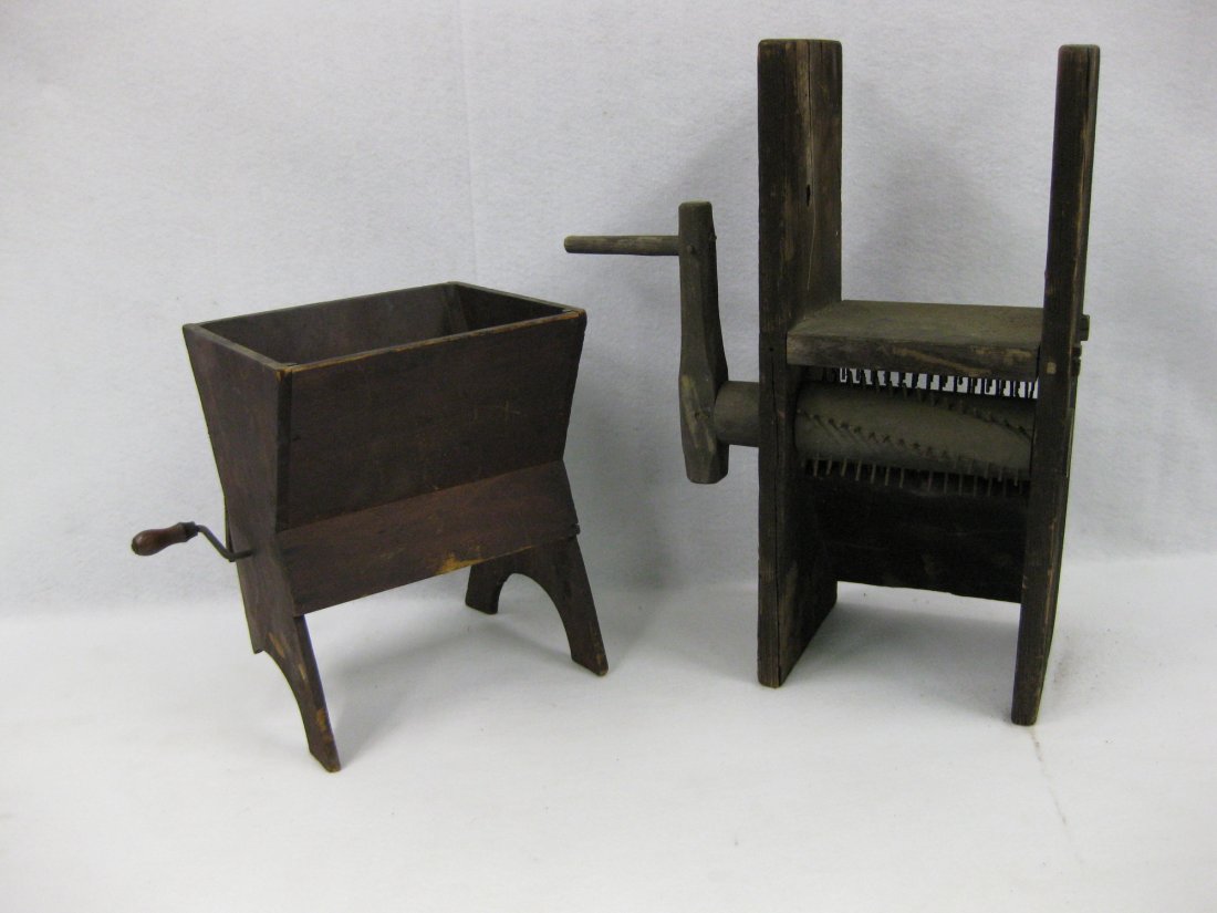 Two primitive country kitchen articles including a: Two primitive country kitchen articles including a counter top sifter (broken and missing foot), and a counter top grinder - both early too mid 19th century.