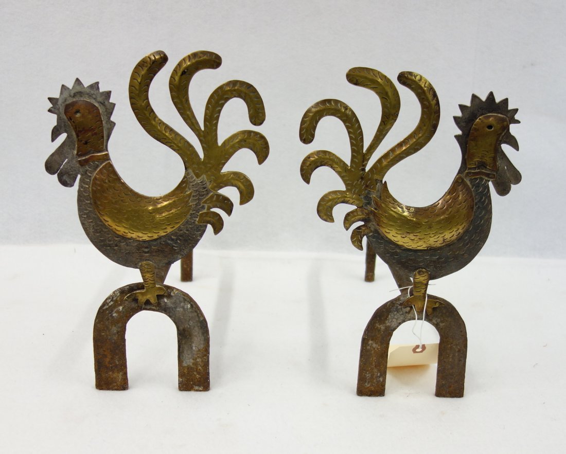 Pair of unusual folk art cast iron rooster andirons (1 of 5)