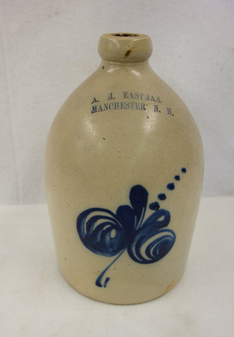 Stoneware 1 gallon jug decorated with blue flower (1 of 2)