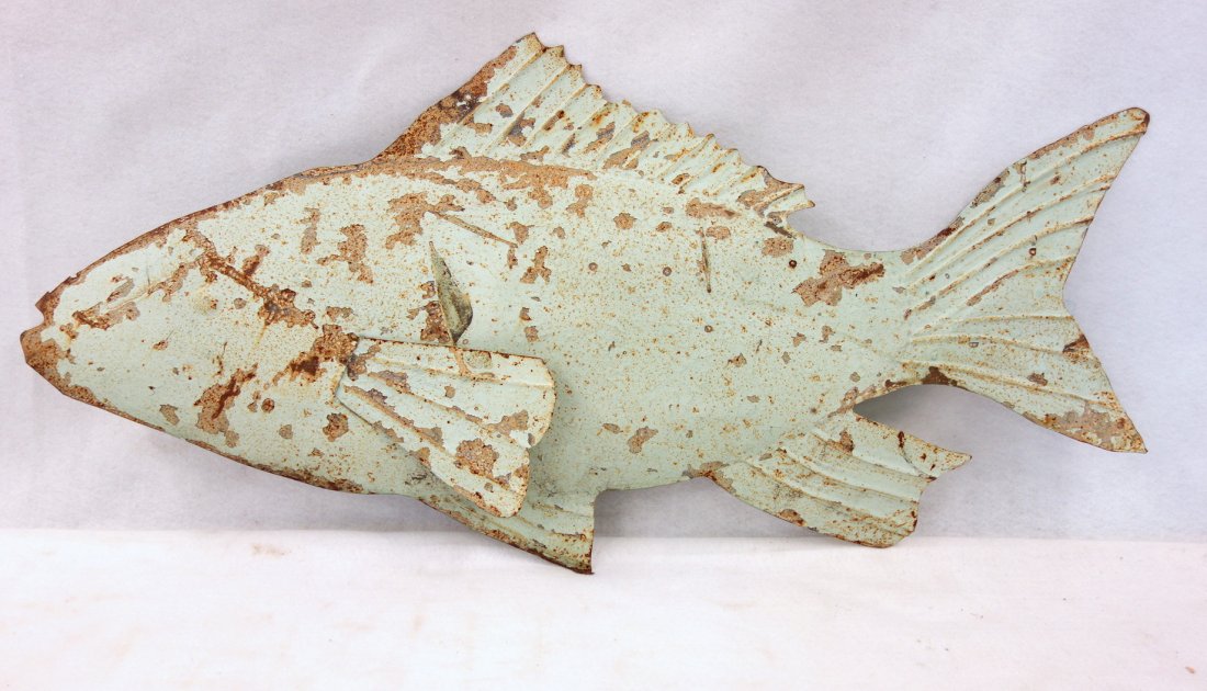 American sheet iron fish shaped trade or camp sign in (1 of 6)