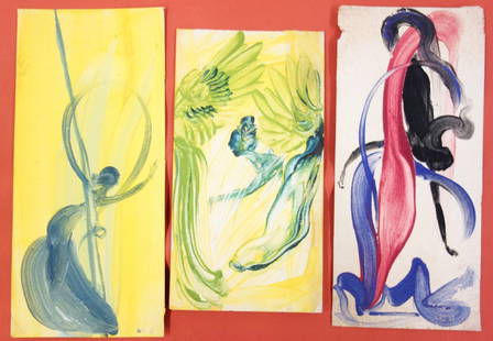 Walter Beck (Millbrook NY, 1864-1954). Three small: Walter Beck (Millbrook NY, 1864-1954). Three small unframed expressionist tempera paintings each of abstract figures and flowers. All signed W.B. Sizes 6" x 12.5", 6.25" x 13.5" and 6.5" x 14". All in