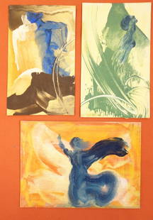 Walter Beck (Millbrook NY, 1864-1954). Three small: Walter Beck (Millbrook NY, 1864-1954). Three small unframed expressionist tempera paintings of abstract figures - all signed W.B. Sizes 5.75" x 8", 4.5" x 7.5" and 4.5" x 7.5". All in good condition.