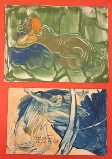 Walter Beck (Millbrook NY, 1864-1954). Two small: Walter Beck (Millbrook NY, 1864-1954). Two small unframed expressionist tempera paintings including abstract reclining woman and abstract standing woman with inscription "Look Out The Oil Yellows" - b