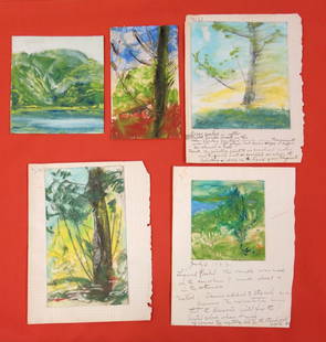 Walter Beck (Millbrook NY, 1864-1954). Five small: Walter Beck (Millbrook NY, 1864-1954). Five small unframed expressionist tempera paintings mostly of nature including abstract trees - all with Walter Beck's hand written notes regarding his technique