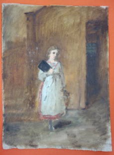 Walter Beck (Millbrook NY, 1864-1954). An unframed: Walter Beck (Millbrook NY, 1864-1954). An unframed portrait of a young girl holding a book and possibly a doll in the other hand. Signed W.B. and dated on reverse 1934 - other illegible writings on ba