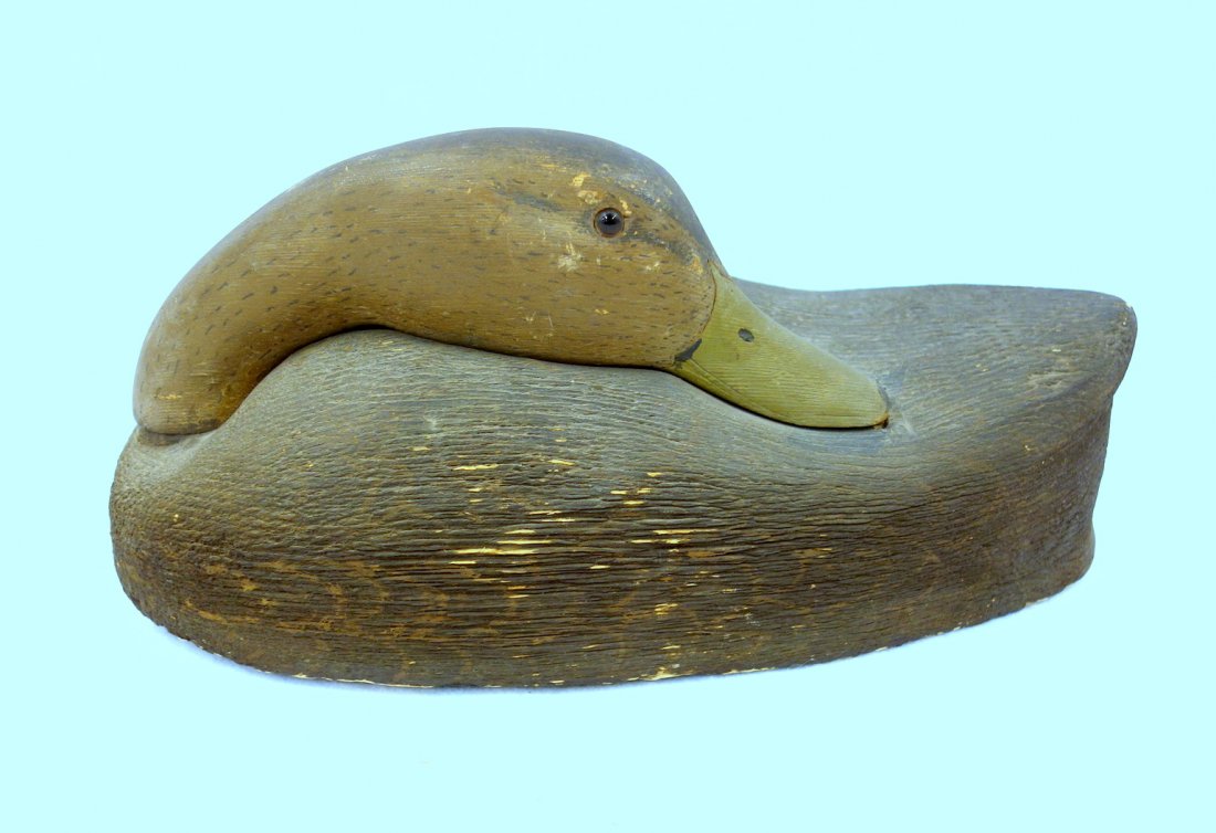 Sleeping black duck balsa wood decoy with glass eyes