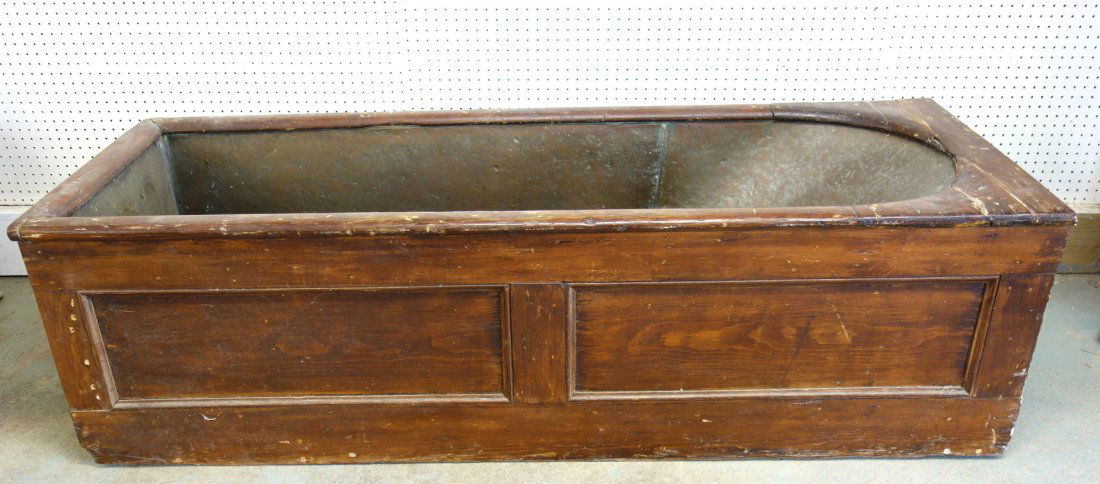 Old hand made copper bath tub with wood border - (1 of 7)