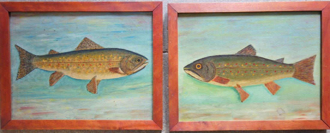 Pair of folk art O/C portraits of a brook trout and (1 of 4)