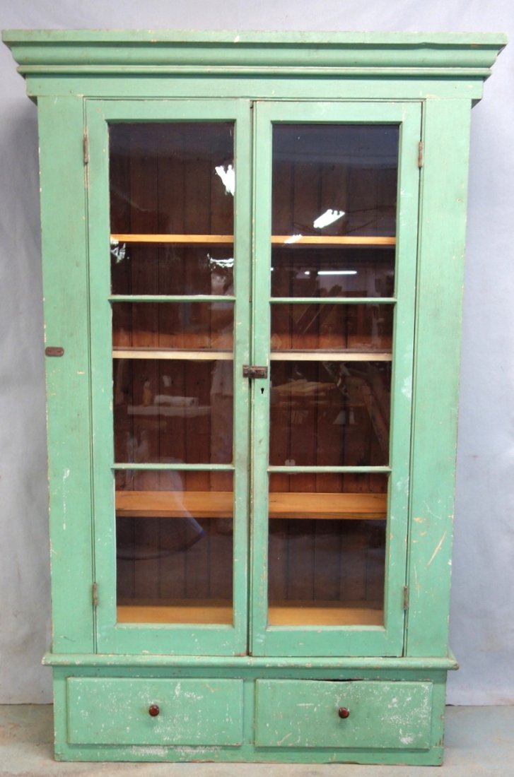 Large green country cupboard having 2 glass doors each (1 of 6)