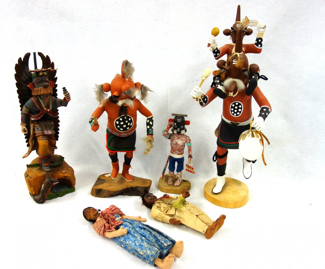Three Kachina dolls and 3 various Indian dolls. (1 of 9)