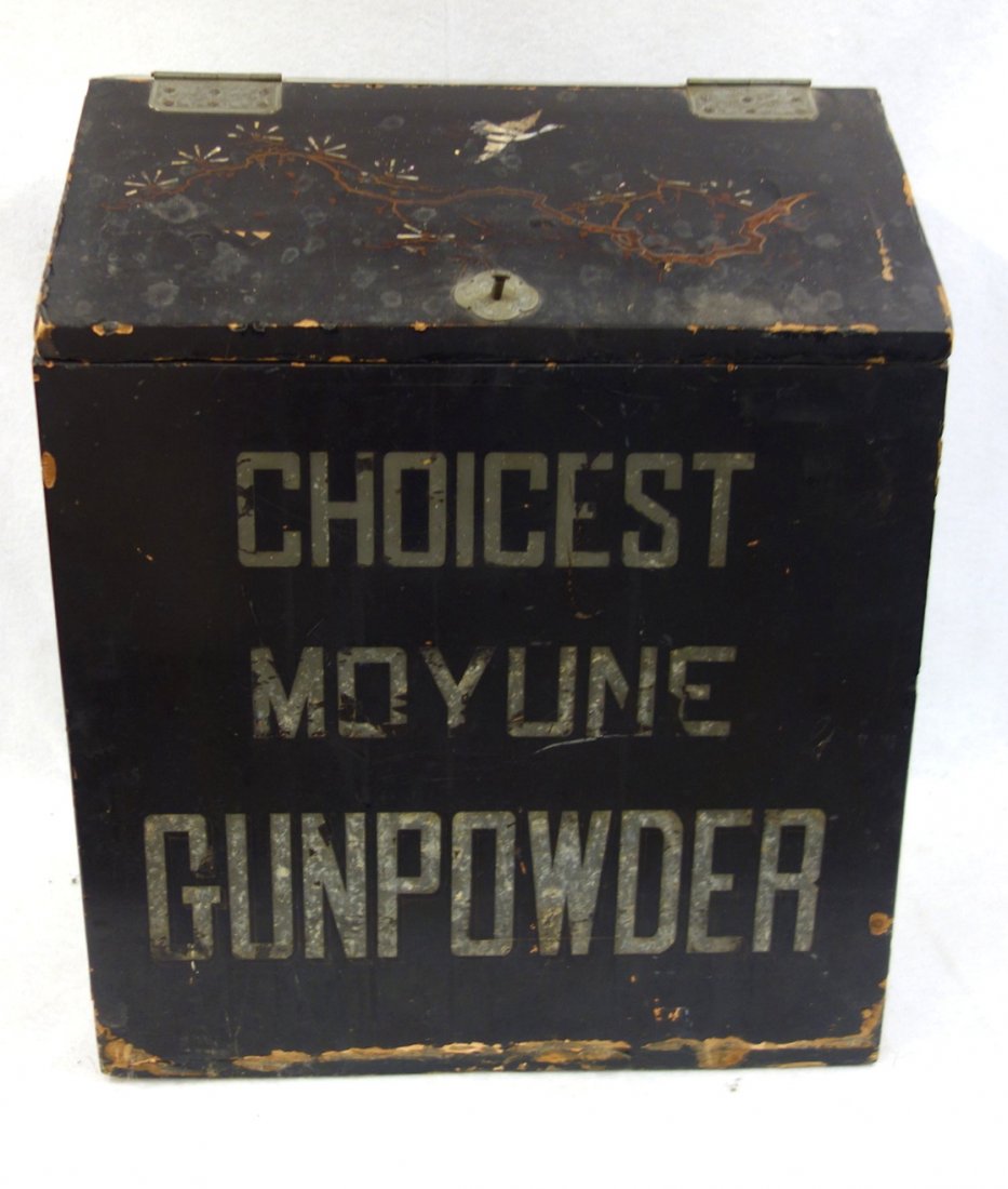 Old oriental tea bin marked "CHOICEST MOYUNE (1 of 7)