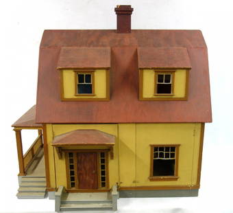 Large 2 story doll house wired for electricity -: Large 2 story doll house wired for electricity - gambrel style roof - very good condition - 28.5"W x 36"L x 33.5"H. Circa 1930-50.