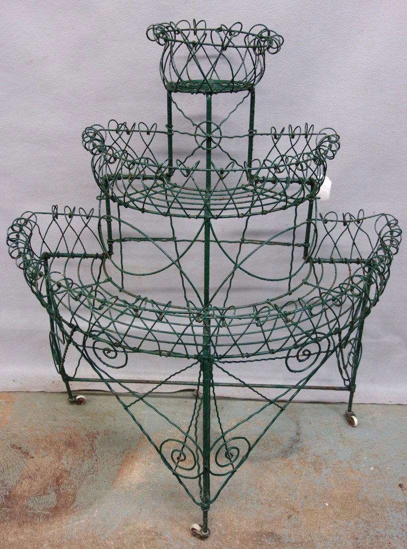 Victorian 3 tier 1/2 round wire planter in old green (1 of 2)