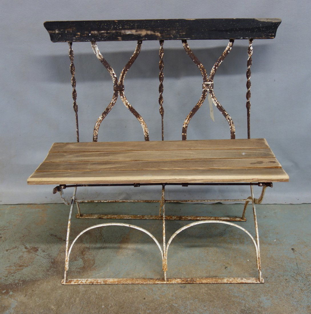 Wrought iron folding bench with replaced wooden slats - (1 of 3)