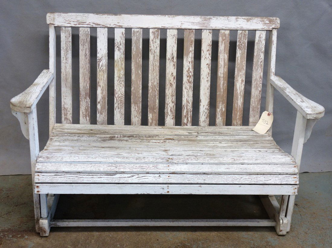 Wooden porch bench in old white paint - 44"L - Good (1 of 2)