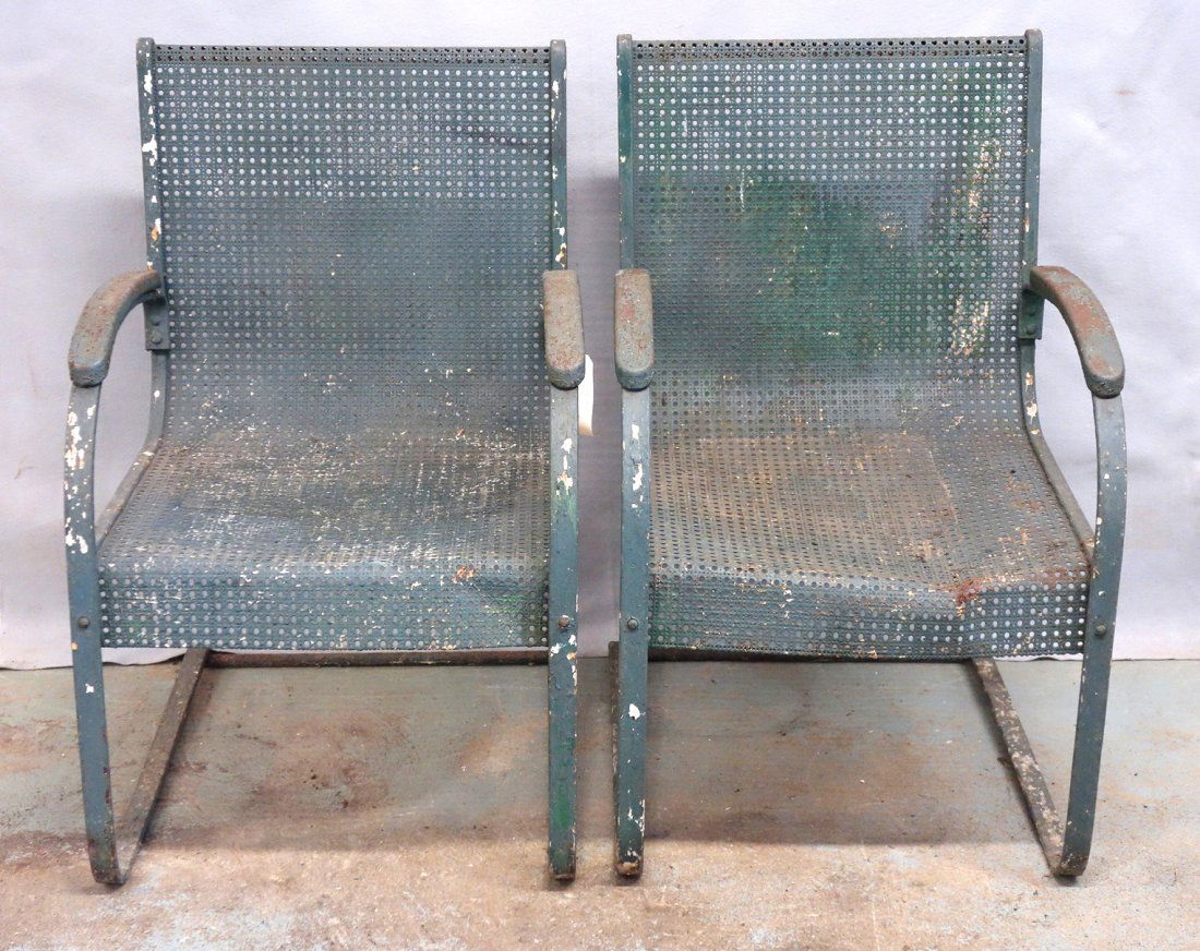 Two steel spring arm chairs in old green paint - good (1 of 3)