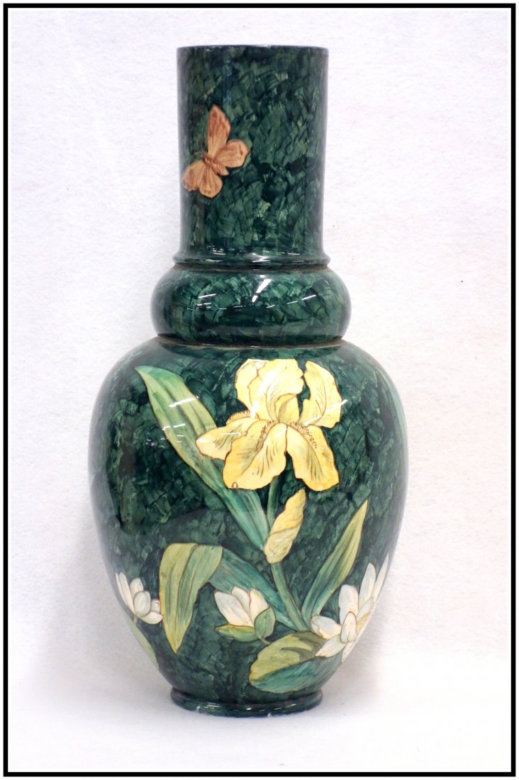 John Bennett - Art pottery vase decorated with flowers: John Bennett (attributed) Art pottery vase decorated with moths, yellow iris, and Lilly pads on a green background, probably John Bennett, NY/NJ, late 19th century. 18" H - bottom was drilled for a la