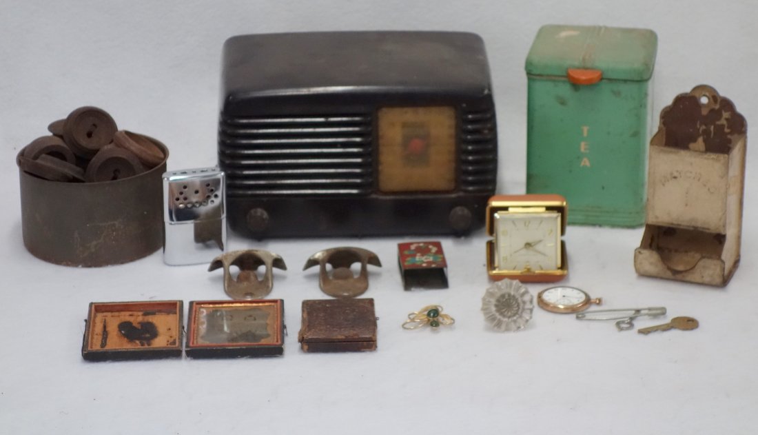 Grouping of various collectibles including a Philco: Grouping of various collectibles including a Philco radio, match safe, two wall mount bottle openers, wooden key escutcheons, etc.