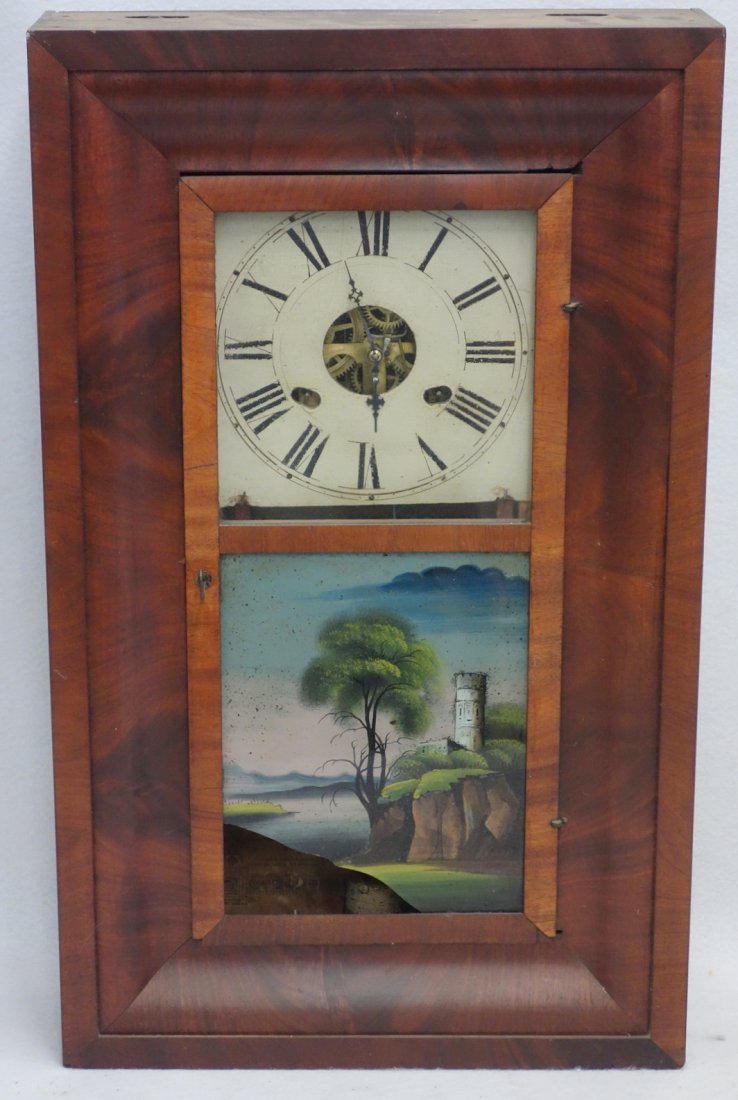 Empire Ogee mantle clock signed Mantross, Pritchard, &: Empire Ogee mantle clock signed Mantross, Pritchard, & Co. - not running - reverse painted glass with small broken corner (piece included), else good condition.