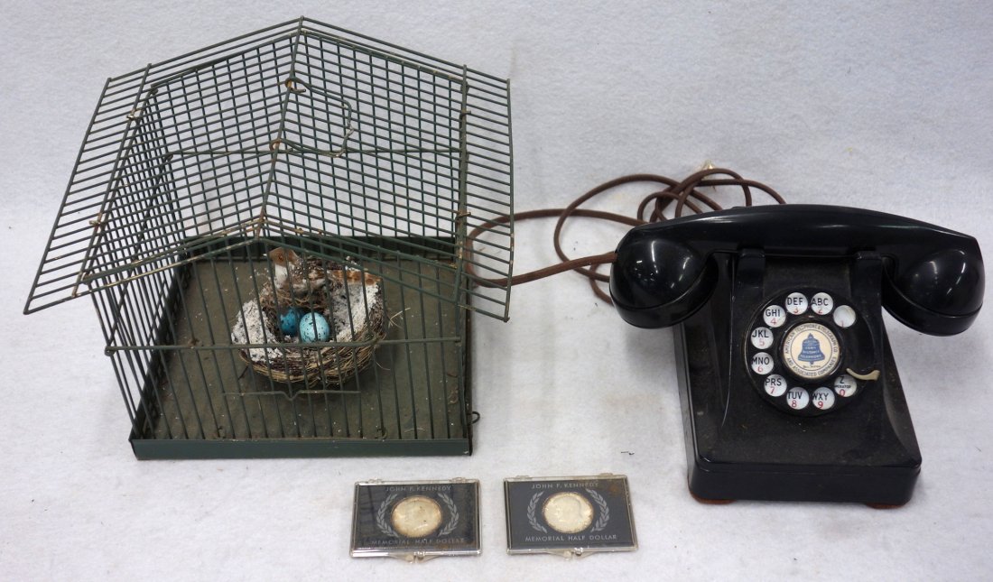 Group of collectibles including two 1964 Kennedy: Group of collectibles including two 1964 Kennedy halves, a black desk telephone, a bird cage with bird, eggs, and nest. Cage size is 7 1/2"H x 10"W x 9"H. All are in good condition.