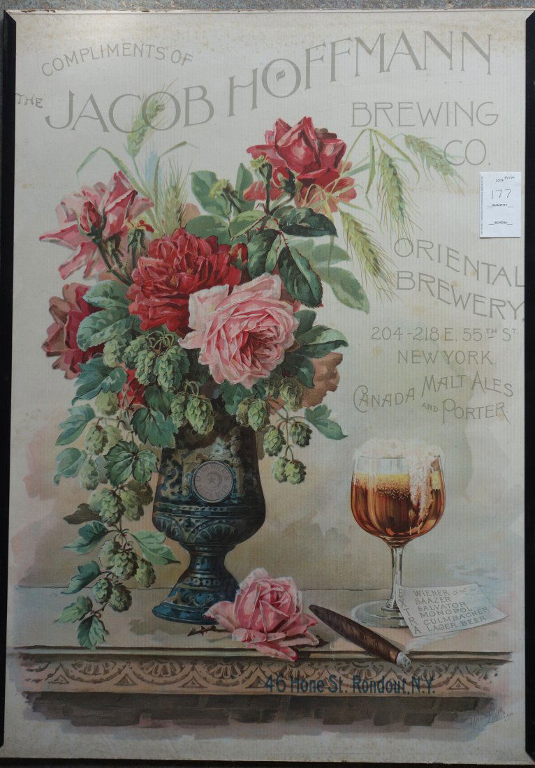 Broadside for "The Jacob Hoffman Brewing Co. Roundout: Broadside for "The Jacob Hoffman Brewing Co. Roundout NY. 20" x 28". Good condition some foxing. We are unsure if from the Victorian period and item is being sold "as is".