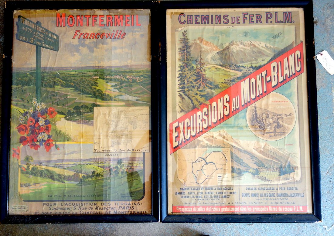 Two signed F. Hugo d'Alesi (1849-1906) travel posters: Two signed F. Hugo d'Alesi (1849-1906) travel posters entitled "Excursions Au Mont-Blanc". Circa 1900. 27" x 39.5" - some creases and paper separation otherwise good condition. Republique Francaise st