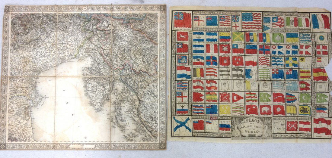 Two items including ; a 19th century German hand: Two items including ; a 19th century German hand colored map, laid on linen, of the northern end of The Adriatic Sea. Good condition, some foxing and stains. The second item is an 1837 "The Flags of t