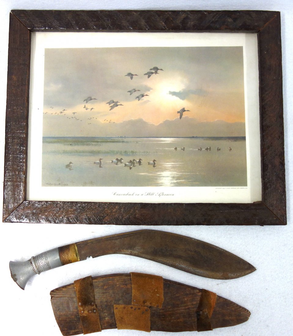 Primitive Middle Eastern knife with a fancy metal: Primitive Middle Eastern knife with a fancy metal handle, and wooden sheath - 17"L - good condition; sold together with a framed print by Peter Scott ,1952, entitled "Canvasback on a still afternoon" 