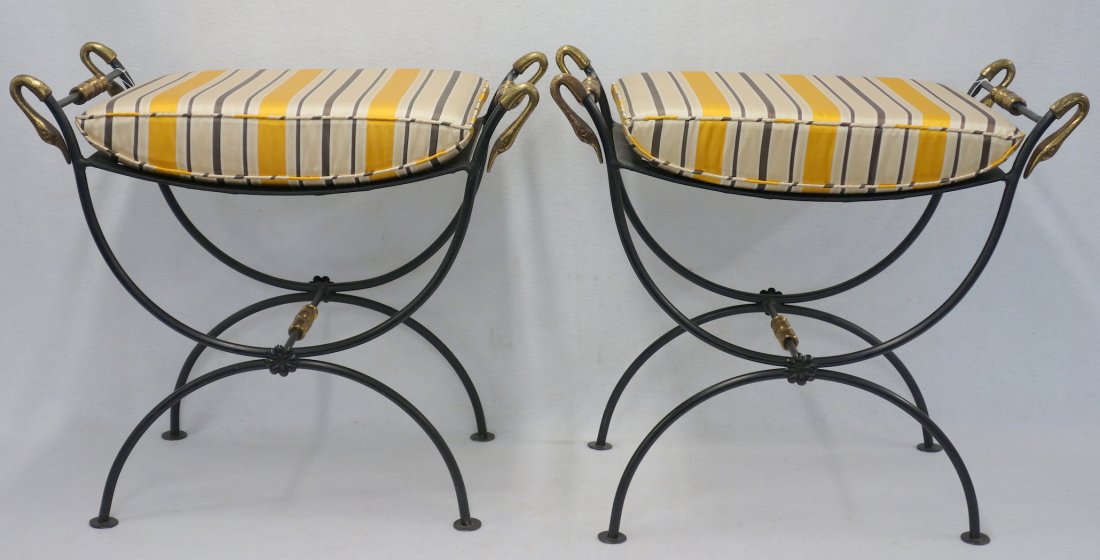Pair of brass and iron window benches with clean: Pair of brass and iron window benches with clean upholstered striped cushions. Very good condition. 21 1/4" to top of seat.