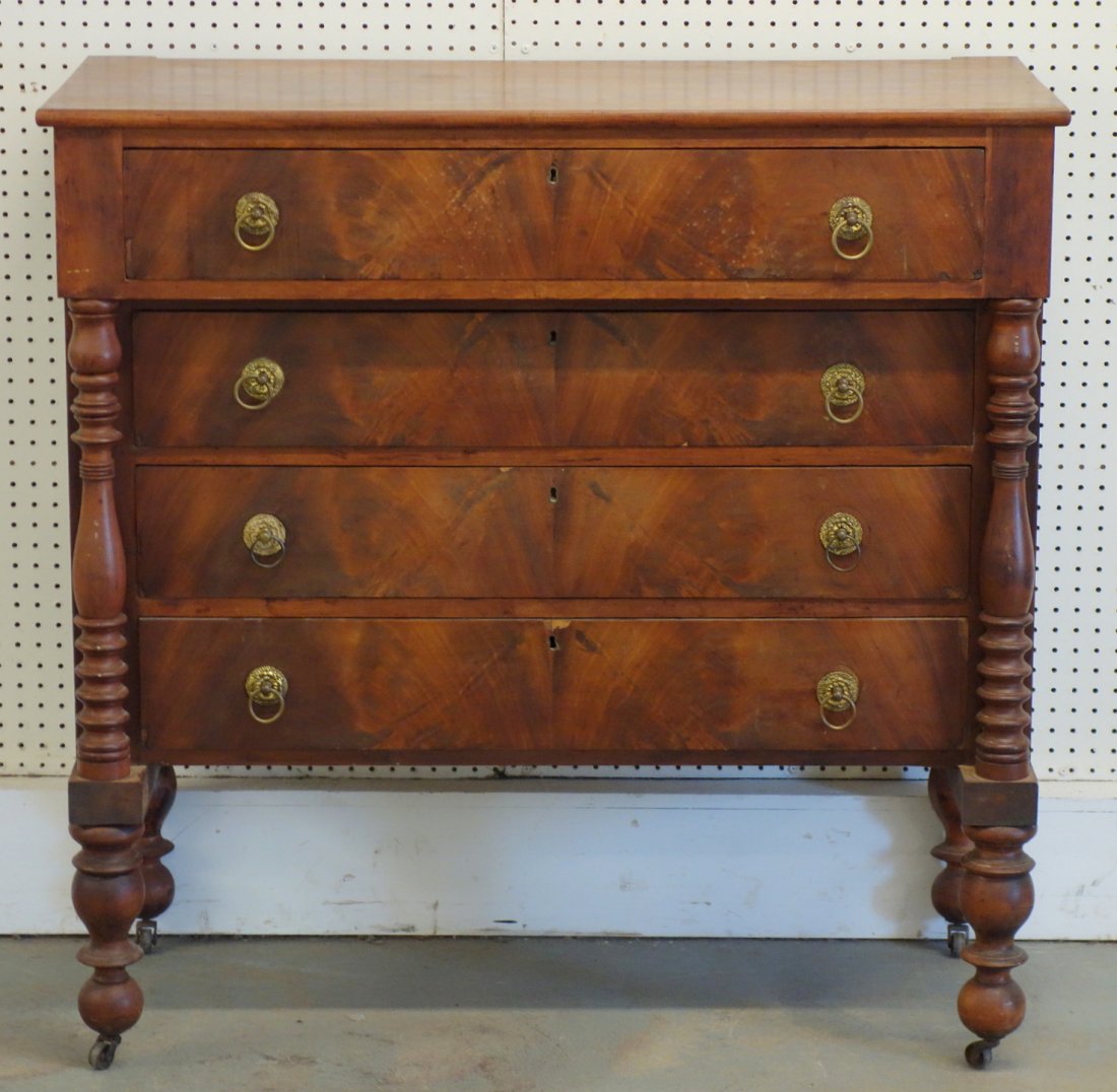 Period Sheraton cherry server/dresser with turned: Period Sheraton cherry server/dresser with turned columns and legs with book matched mahogany drawer fronts - top drawer with fitted interior. 43"H x 43"W x19 3/4"D. Slight chips to the veneer, otherw
