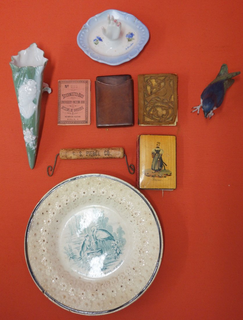 Grouping of decorative items including an early motto: Grouping of decorative items including an early motto transfer ware plate "The fox and the stork" - 7 1/2" D, an Art Nouveau insert vase, a carved bird, a sewing needle case, a porcelain ring holder,
