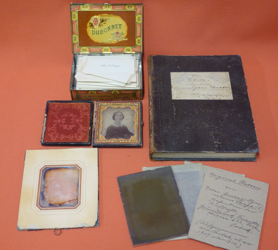 Grouping of decorative items belonging to Otto G.: Grouping of decorative items belonging to Otto G. Lange, including a diary of his trip to Chile 1914-1919, calling cards, glass negative, tin type, etc.