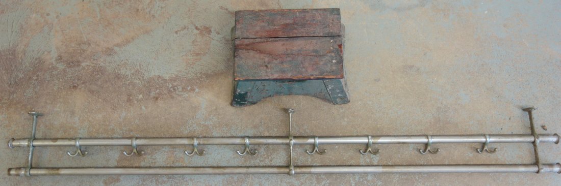 Two railroad items including a hanging nickel plate: Two railroad items including a hanging nickel plate coat rack (missing one end cap) 73 1/2"L, and a step stool in old green paint - good condition.