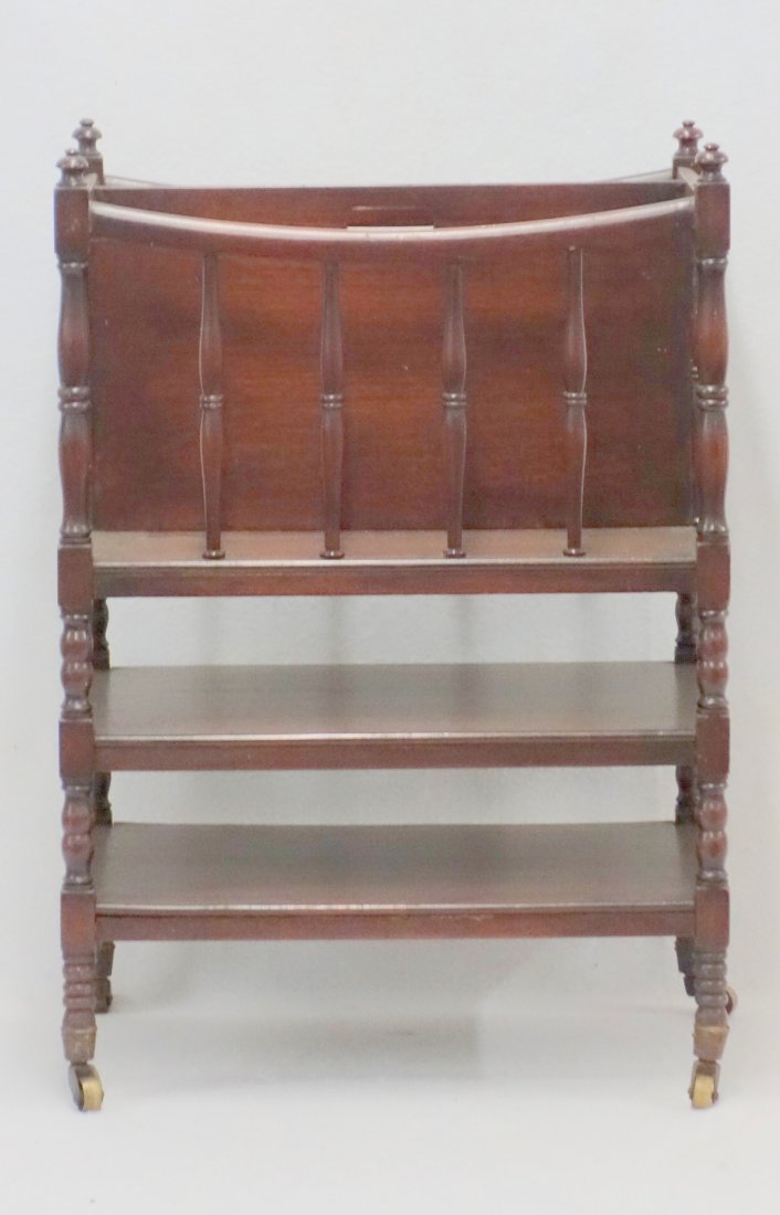 Three tiered Mahogany Canterbury in good condition. 25: Three tiered Mahogany Canterbury in good condition. 25 1/2"H x 17 3/4"W x 11 1/4"D. Early 20th century. Good condition.