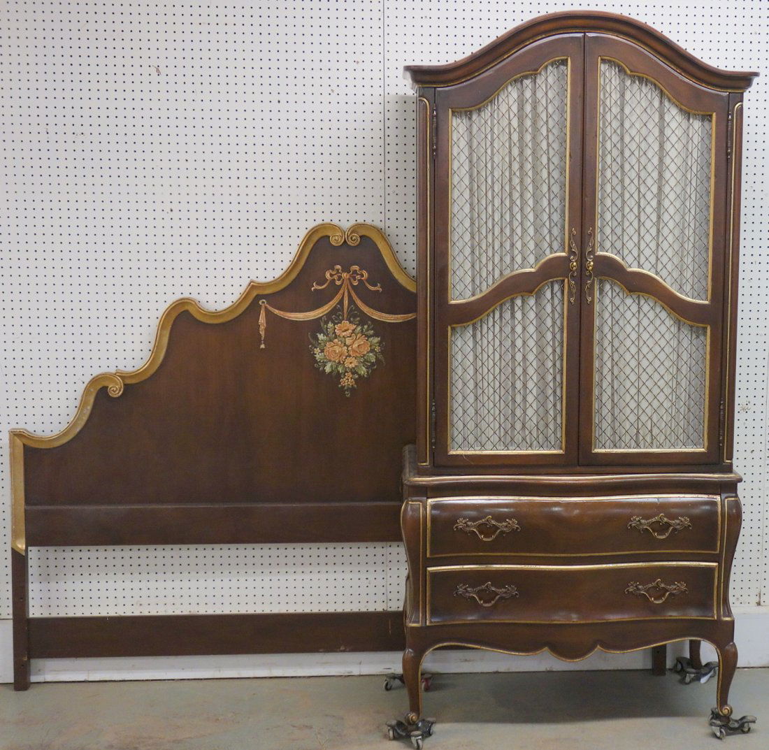 Modern French style chifferobe having two doors over: Modern French style chifferobe having two doors over two drawers with a fitted drawer interior - 80"H x 38"W x 21 1/2"D, along with a matching painted headboard 84"W x 74"H. Both are in very good cond