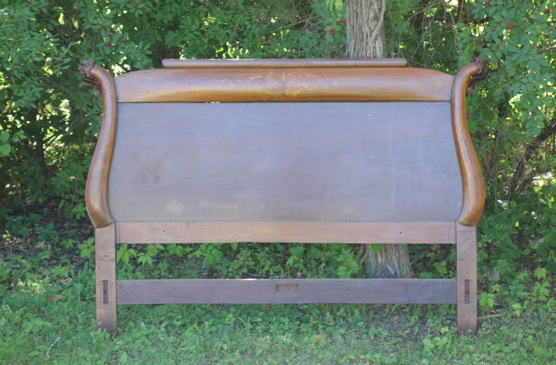 Fancy mahogany head board with marquetry inlay and: Fancy mahogany head board with marquetry inlay and carved figural finials - head board only - 19th century - full size.