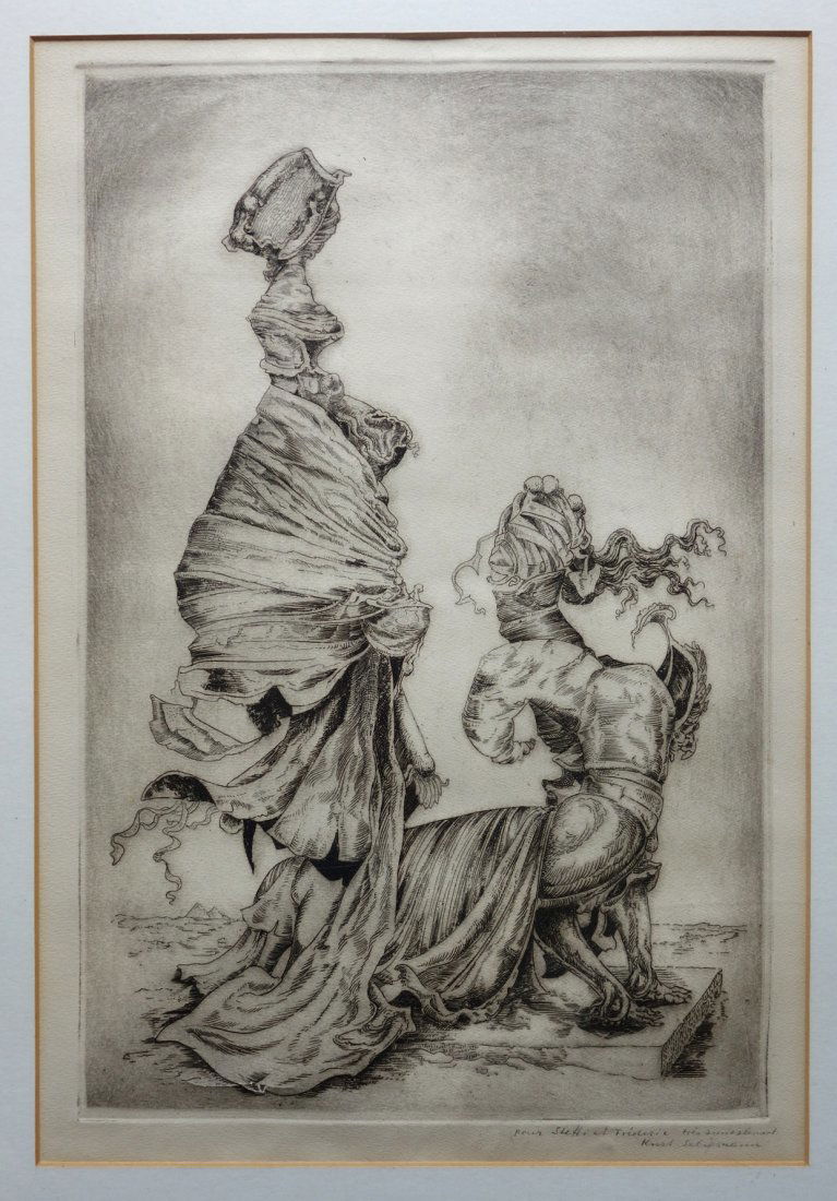 Surrealism etching signed Kurt Seligmann (NY: Surrealism etching signed Kurt Seligmann (NY 1900-1962). Title - Riddle of the Sphinx, Plate 1 from the series The Myth of Oedipus - other illegible inscription on front in script. Sight size 13" x 19