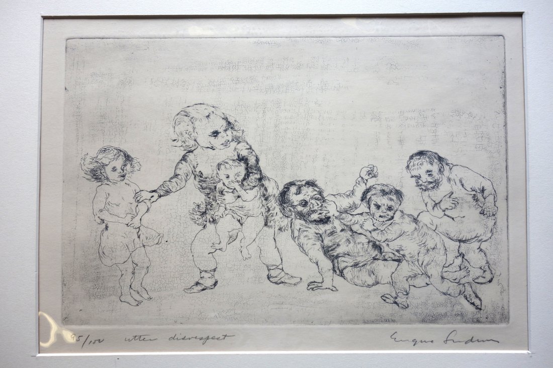 Etching entitled "Utter Disrespect" 95/100. Signed: Etching entitled "Utter Disrespect" 95/100. Signed Eugene Ludins (Eugene David Ludins, NY, Russia, 1904-1996). Matted but not framed. Very good condition. 7 3/4" x 11 7/8".