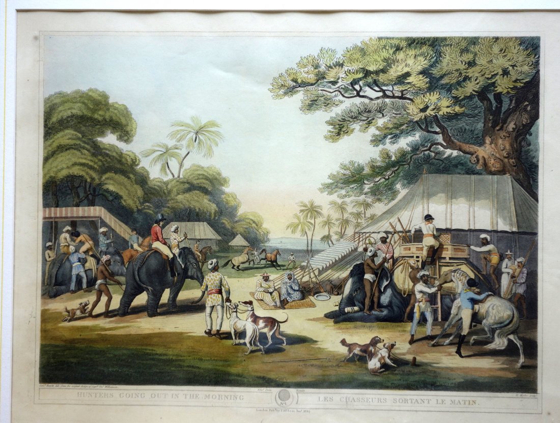 Hand colored engraving - Indian scene with elephants,: Hand colored engraving - Indian scene with elephants, whippets, horses, etc. entitled "Hunters Going Out in the Morning" - printed in London by T. McLean Jan. 1819. Very good condition. 15" x 19.5" wi
