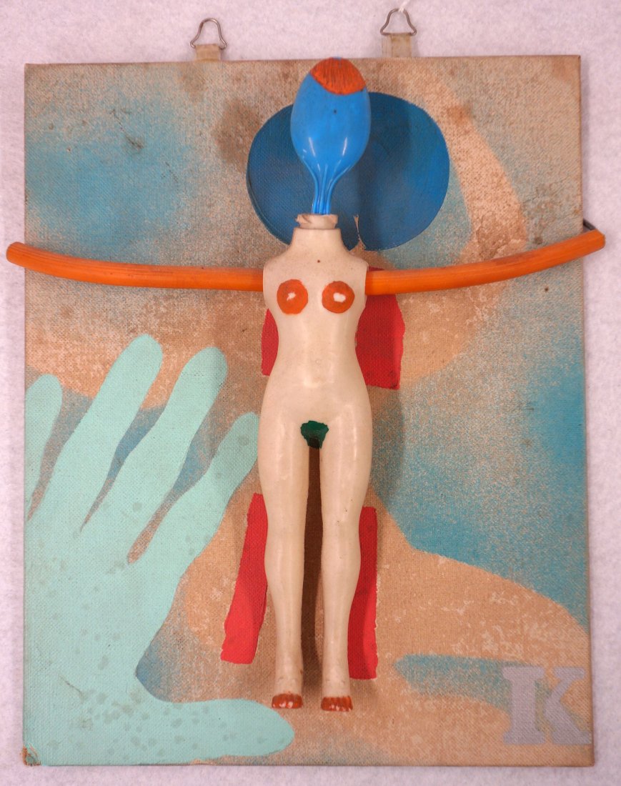 Kiki Kogelnik (Austrian, 1935-1997). Visula arts: Kiki Kogelnik (Austrian, 1935-1997). Visula arts abstract mixed media entitled on reverse "Woman Astronaut 1964". The plastic painted rubber body with rubber arms with blue plastic spoon head applied 