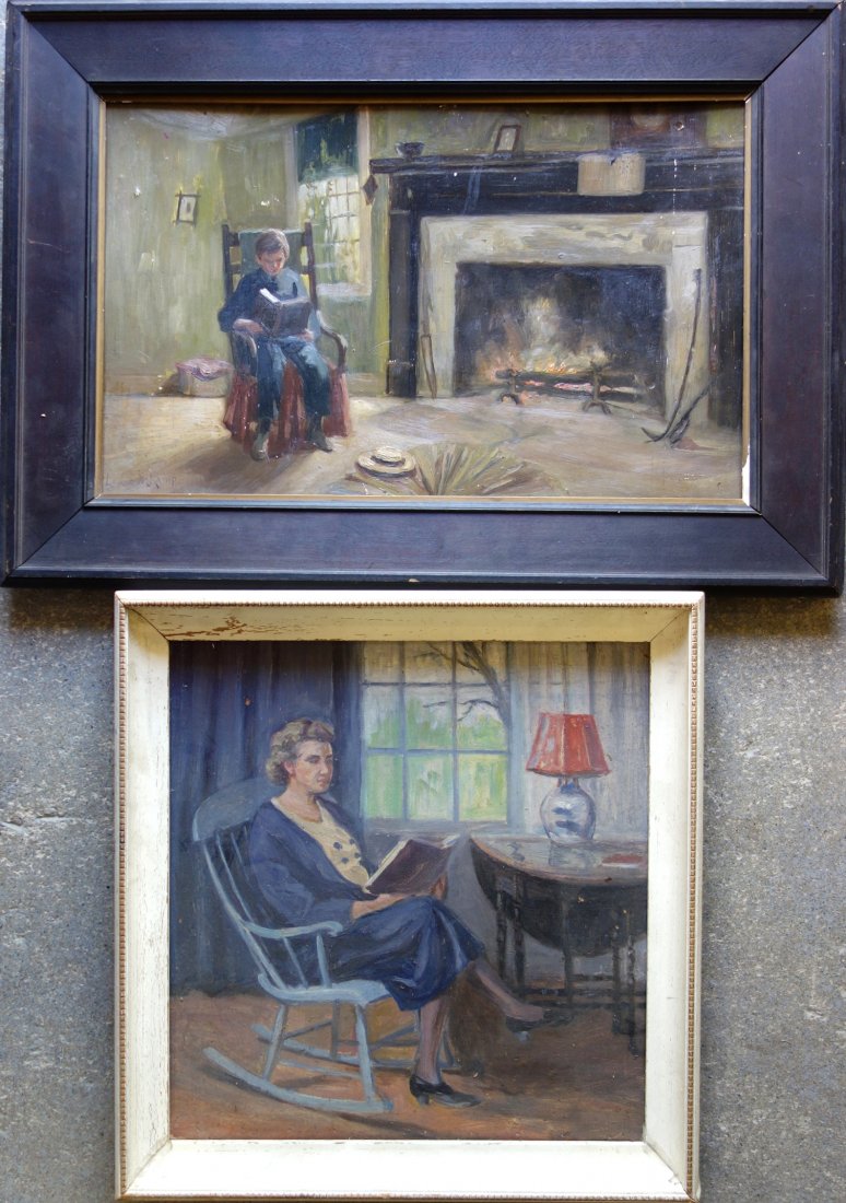 Louise M. Kamp (Woodstock NY 1867-1959) Two O/B: Louise M. Kamp (Woodstock NY 1867-1959) Two O/B interior scenes including young man seated on rocking chair reading book in front of fireplace, signed Louise M. Kamp - 13" x 21" - good condition; and 