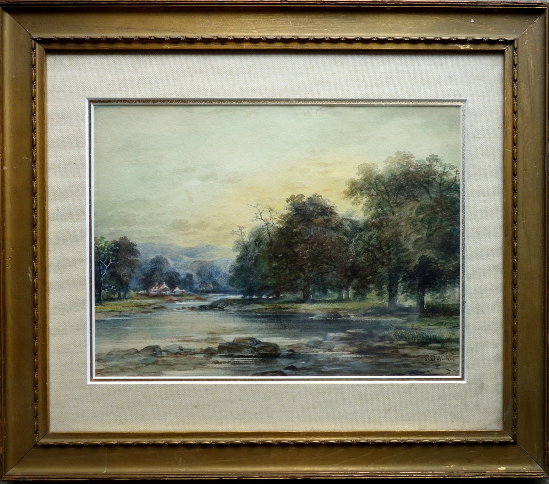 W/C landscape with ponds and farmhouse in background: W/C landscape with ponds and farmhouse in background signed R.D. Wilkie (Robert David Wilkie, Massachusetts/Canada 1827/28 - 1903. Excellent condition. 9" x 12" within double mat.