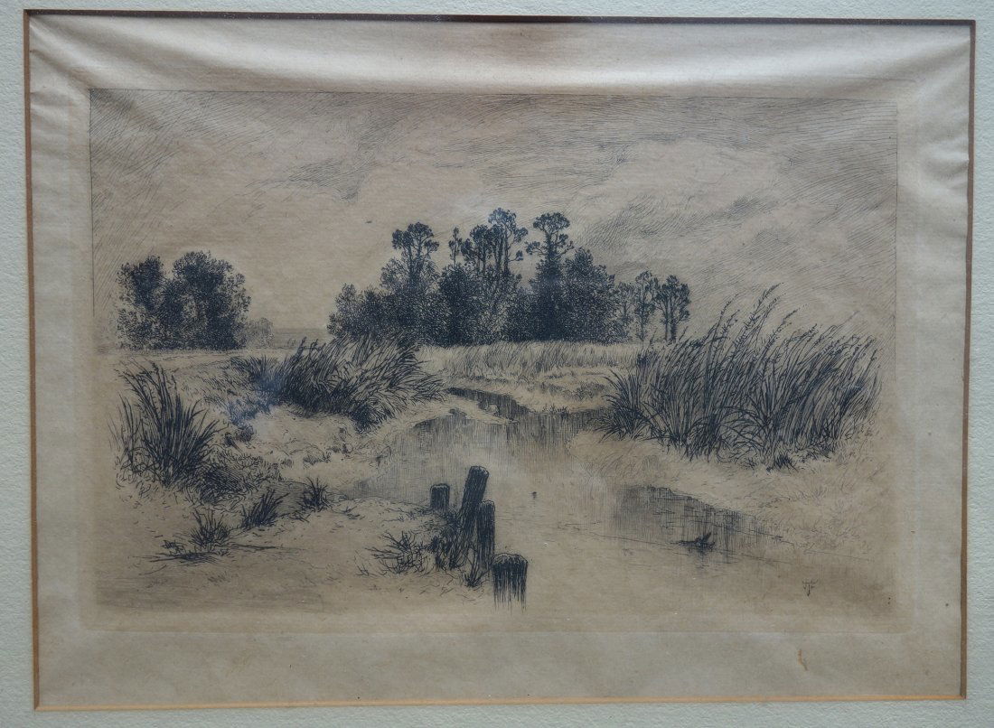 Thomas Moran, American 1837-1926. Etching of Passaic: Thomas Moran, American 1837-1926. Etching of Passaic Meadows signed with monogram within plate. Late 19th century. Framed in original period black walnut frame. 7.25" x 10" within mat. Slight browning