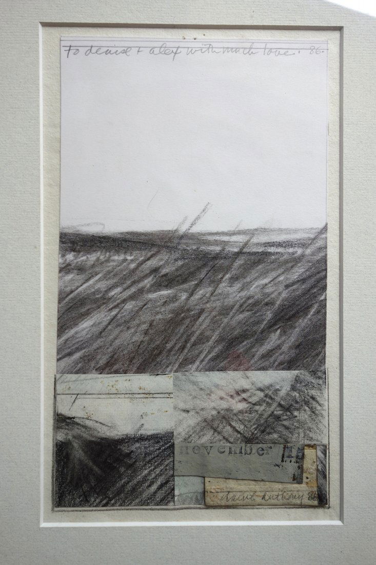 Mixed media collage of fields signed Carol Anthony: Mixed media collage of fields signed Carol Anthony (Active Connecticut & New Mexico, born in NY 1943) - also inscribed across top "To Denise & Alex with much love. '86". Very good condition. 5.25" x 9