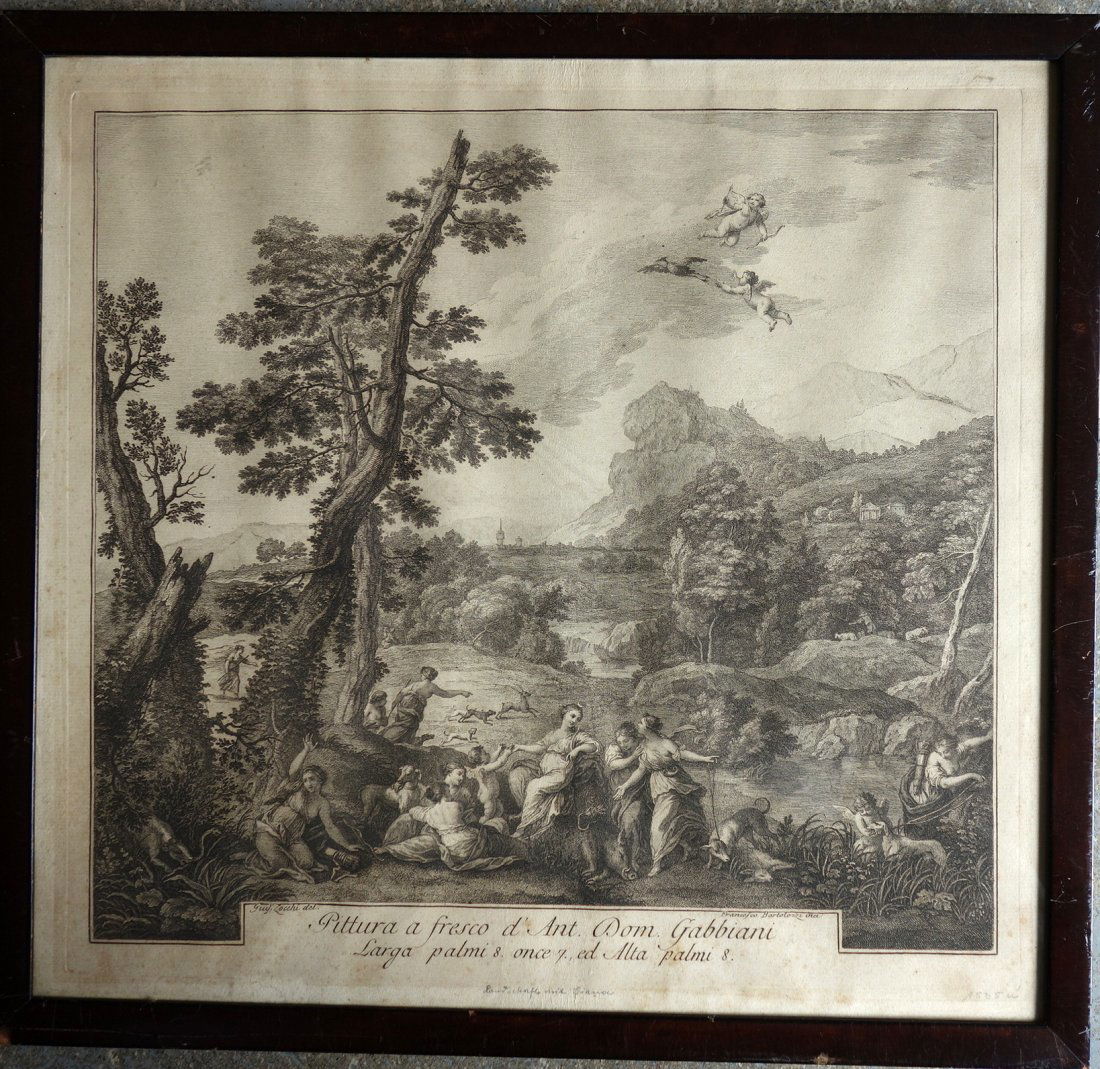 Early Italian engraving entitled "Pittura a fresco: Early Italian engraving entitled "Pittura a fresco d'Ant. Dom Gabbiani" after Antonio Domenico Gabbiani and engraved by Francesco Bartolozzi". Good condition. According to British Museum, dates to 176