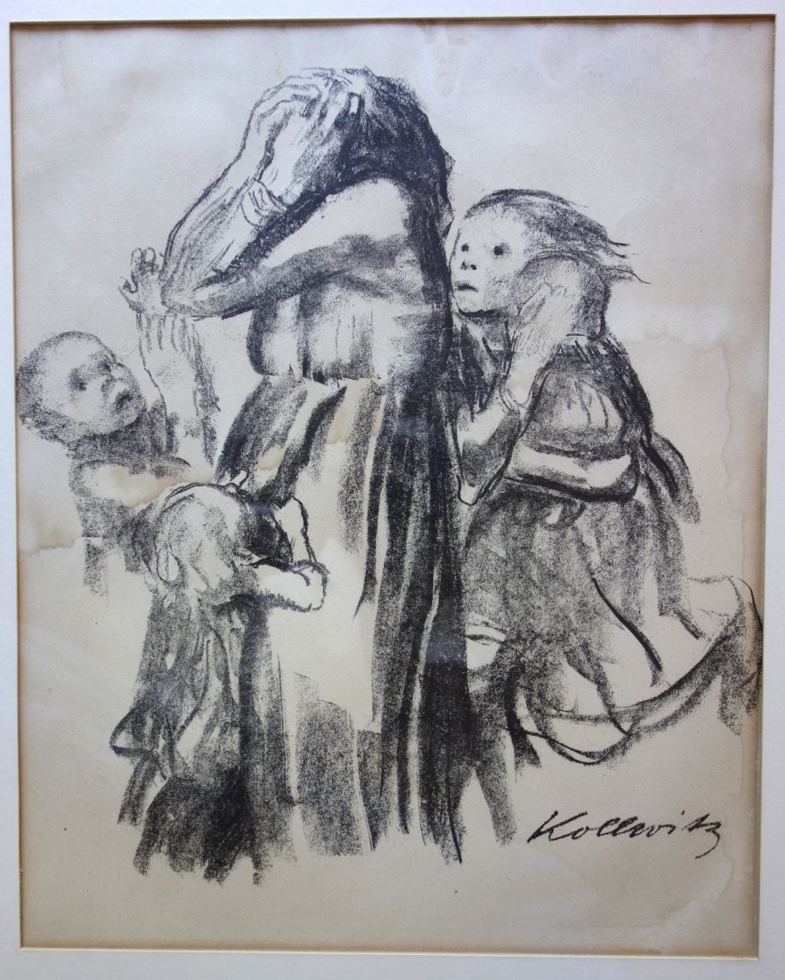 Käthe Kollwitz, German/Russian, 1867 - 1945. Lithograph: Käthe Kollwitz, German/Russian, 1867 - 1945. Lithograph "Killed in Action" 1921. Not signed. Some browning and dampness staining most noticeable around perimeter. 15" x 18.25" within mat.